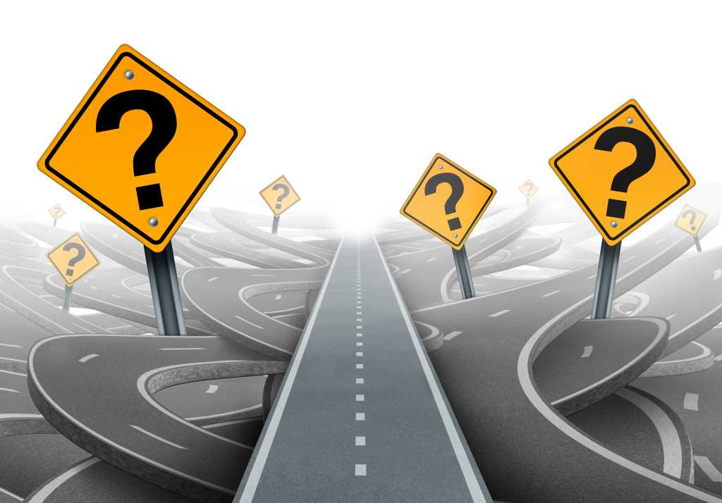 297953669 Solution and strategy path questions and clear planning for ideas in business leadership with a straight path to success with yellow traffic signs cutting through a maze of highways.