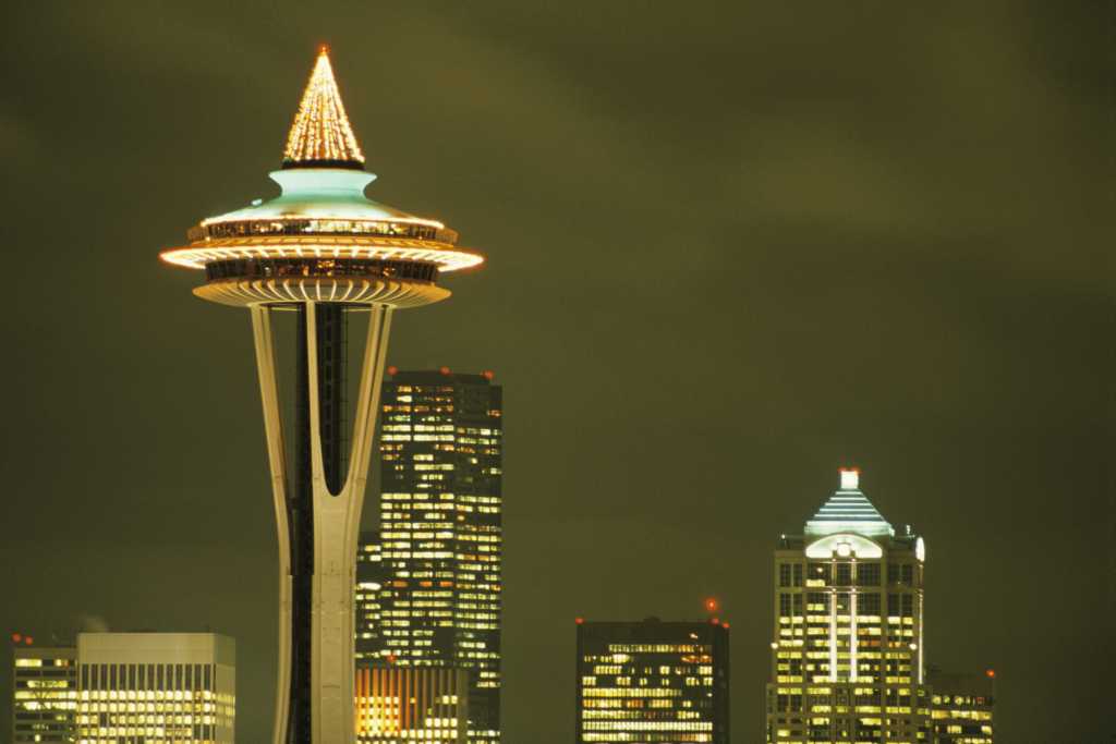 heavily illuminated top of space needle building seattle washington usa 200366798 001