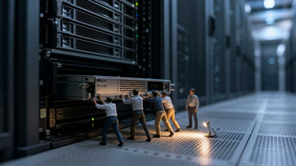 photo illustration showing mini IT workers upgrading an AI server