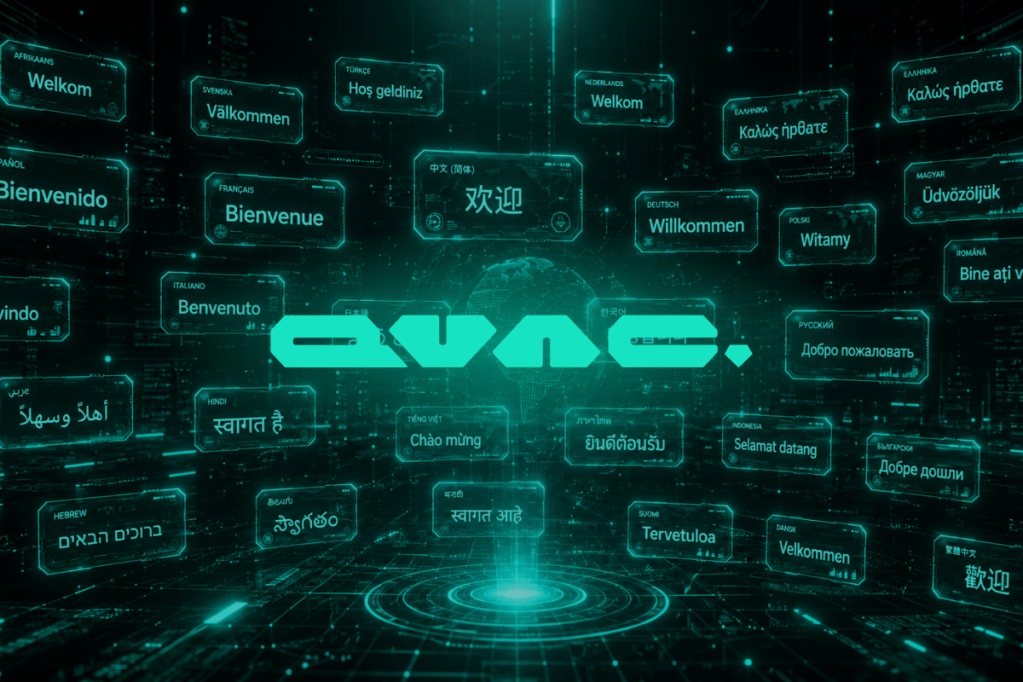 image of QVAC logo with 'welcome' in different languages behind it
